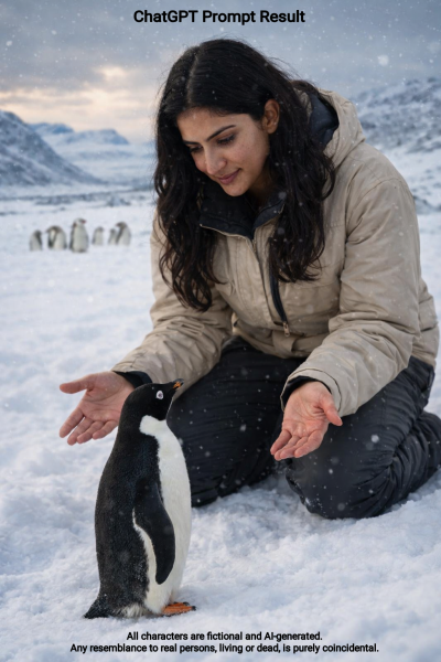 Ultra Realistic Human & Penguin Cinematic Scene Prompt